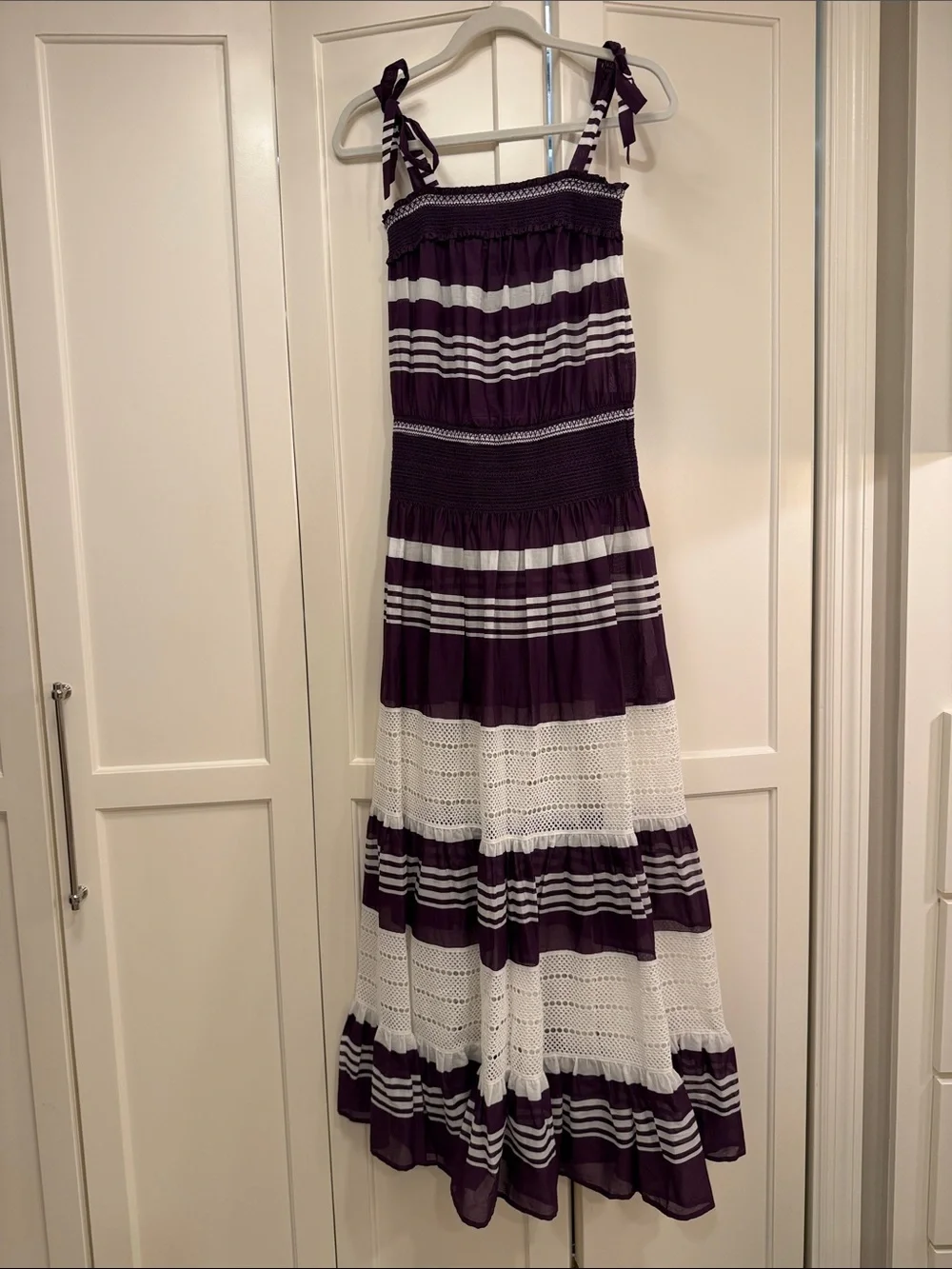 Tory Burch Purple and White Striped Maxi Dress with Tie Straps